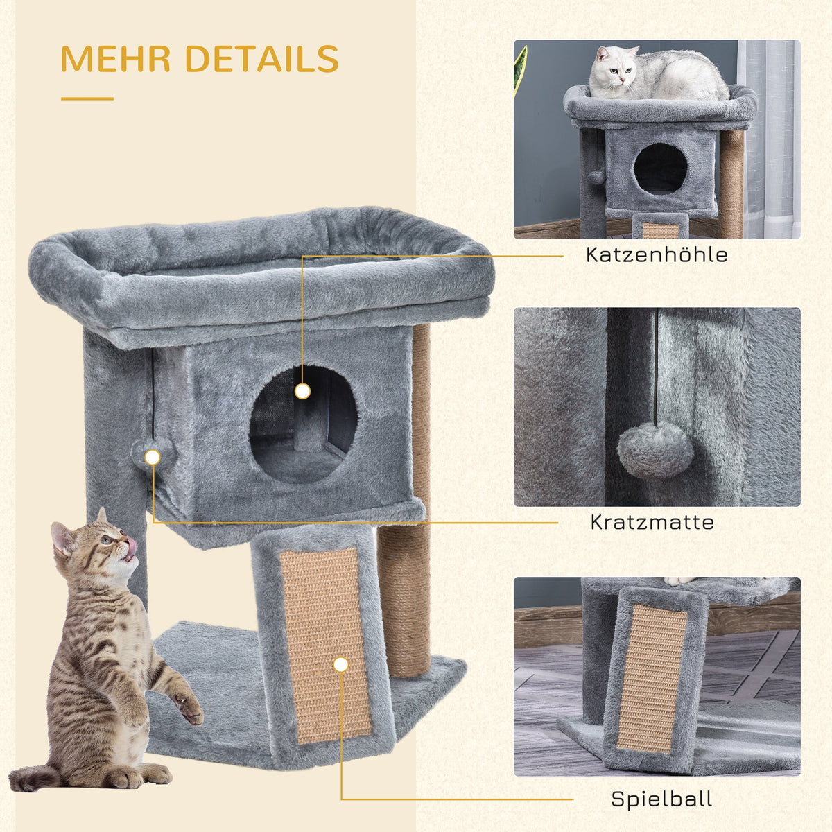 Cat Tree Multi-Level with Cave, Lounge Platform, Play Ball, Light Grey