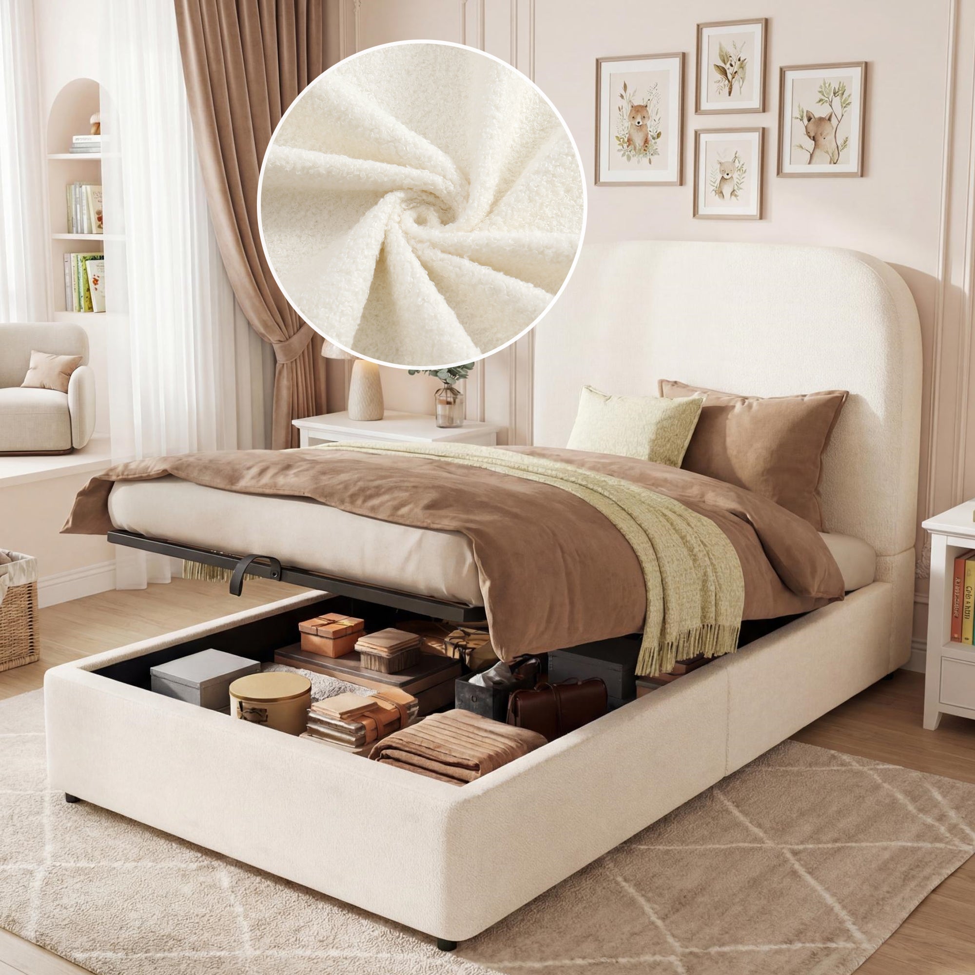 Upholstered Bed, 90x200cm Single Children's Bed with Hydraulic Storage and Slatted Base, Beige Bouclé