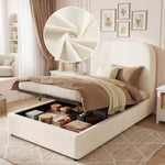 Upholstered Bed, 90x200cm Single Children's Bed with Hydraulic Storage and Slatted Base, Beige Bouclé