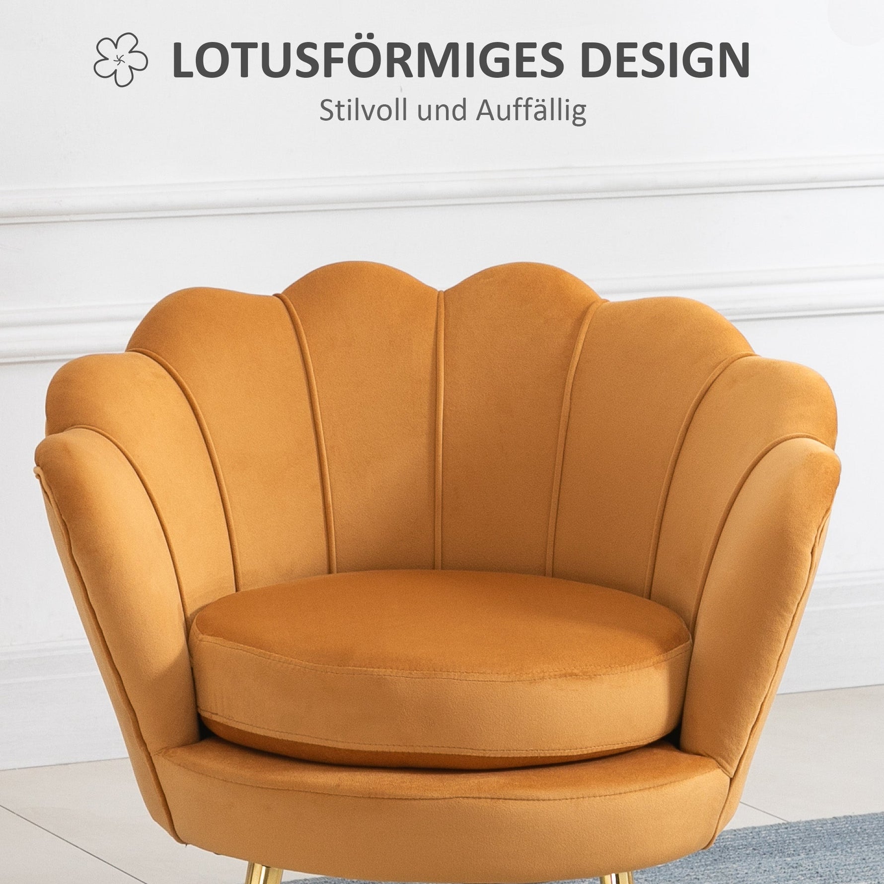 Armchair Upholstered, Shell Shape Relaxing, Metal Legs, Velvet, Yellow