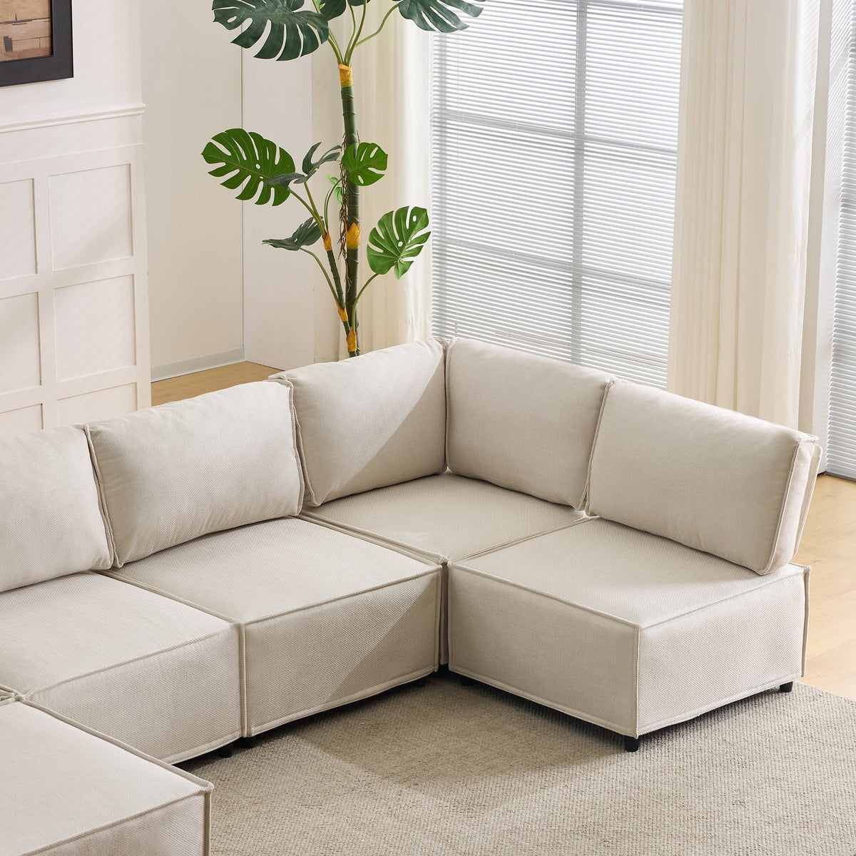 Semi-Compressed Modular Sofa Set, Versatile Flexible Wood Frame, Beige Linen Fabric