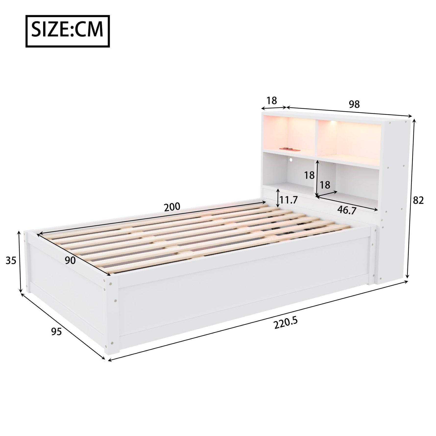 Sofa Bed 90*200, Hydraulic with Storage & Light Bar, White Wood