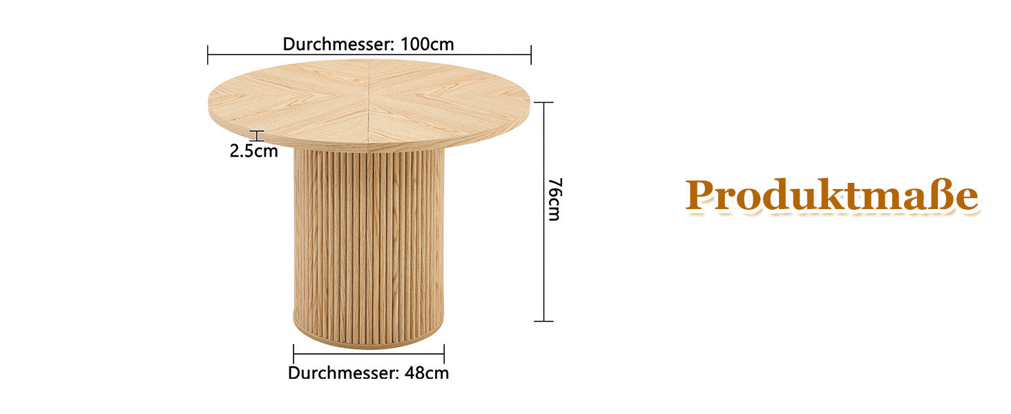 Round Dining Table 100cm MDF Storage 4-6 Seater - Light Wood Look