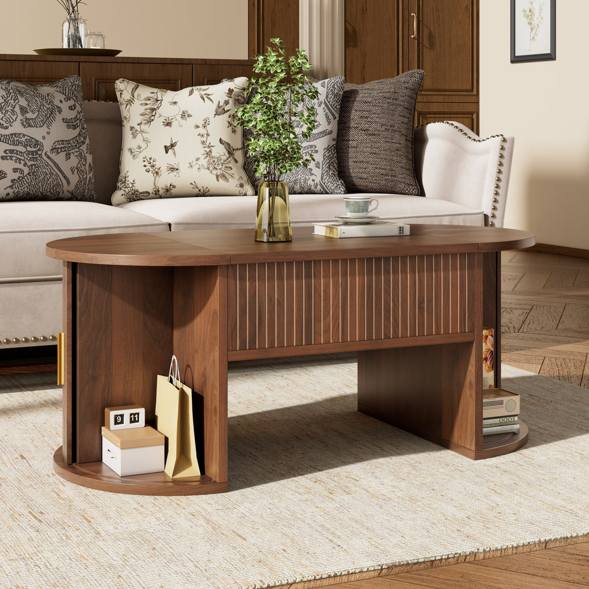 Modern Height-Adjustable Coffee Table with Storage and Sliding Doors, Wood