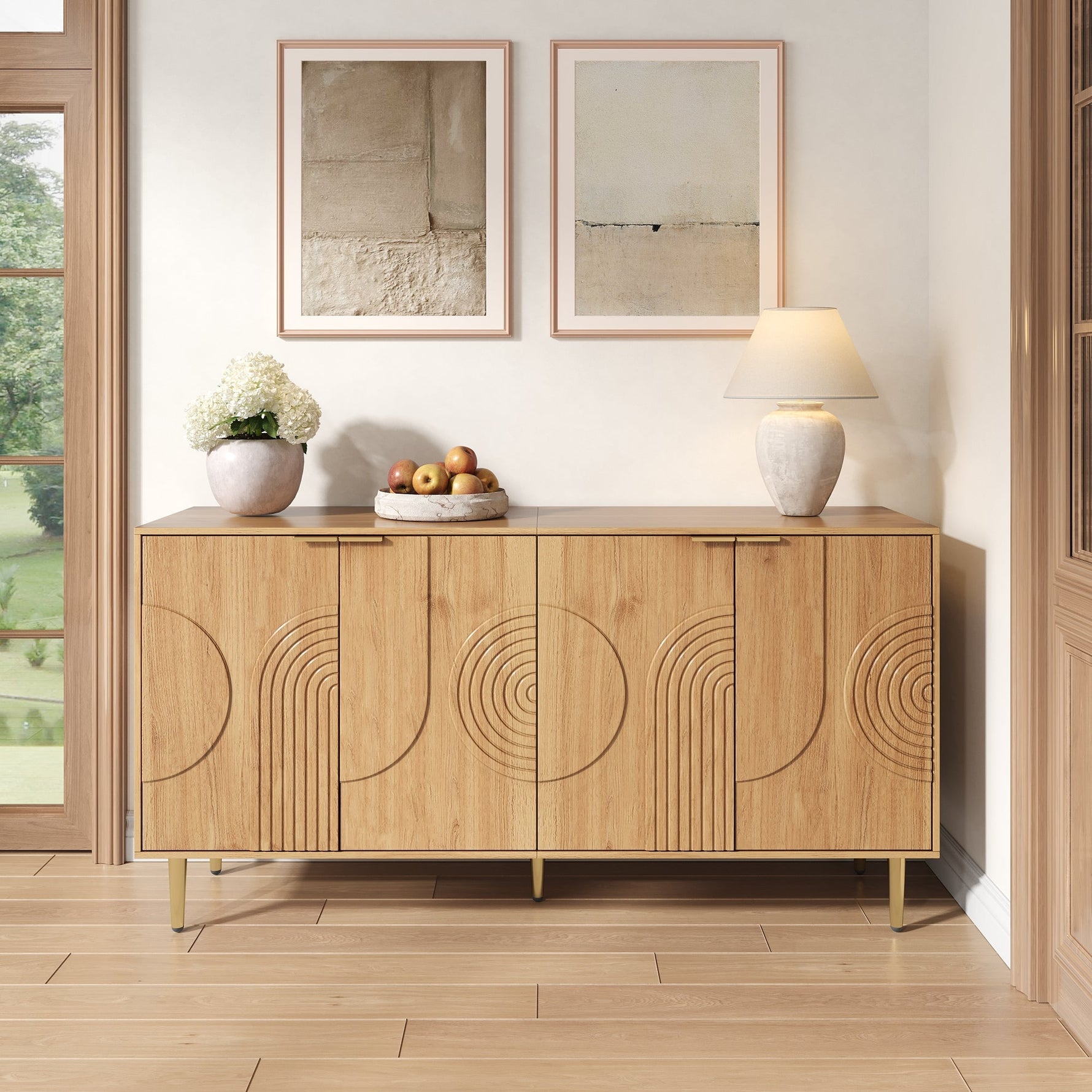 Modern Sideboard with 4 Doors and Adjustable Shelves, Natural Wood Look
