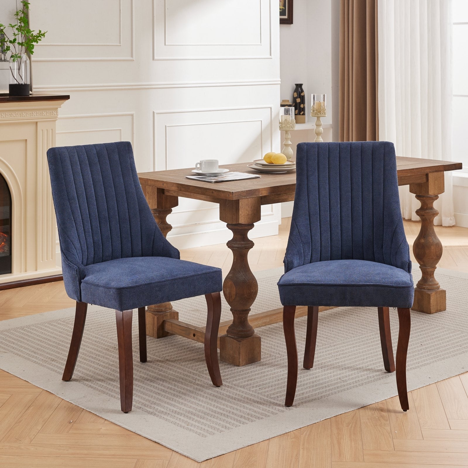 Dining Chairs Set of 2 Channel Upholstered Solid Wood Legs - Blue Linen
