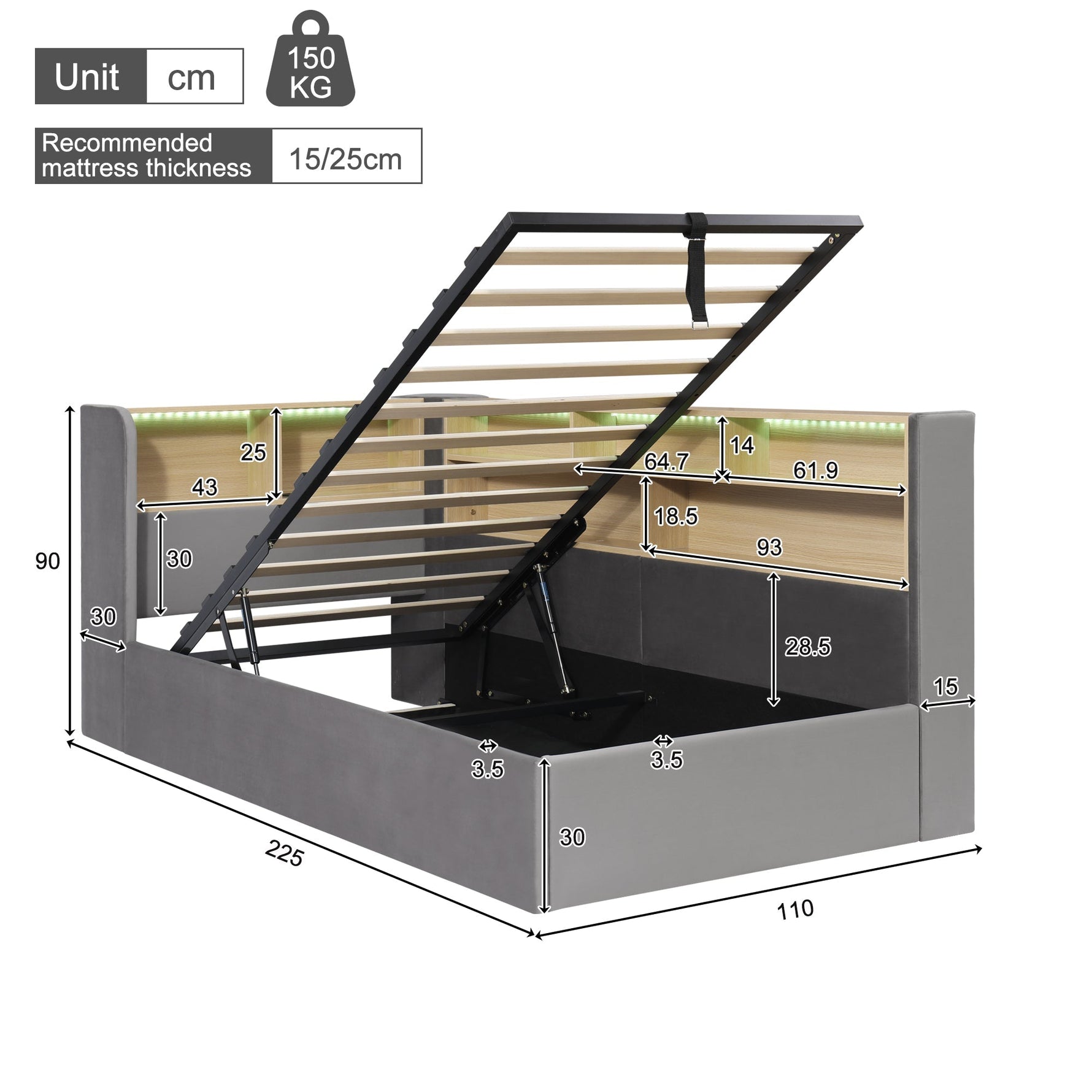 Daybed with Hydraulic Storage, LED and USB, Grey Velvet
