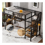 Iron Bunk Bed, Loft Bed with Table & Wardrobe, 90x200cm, Black Iron & Dark Wood
