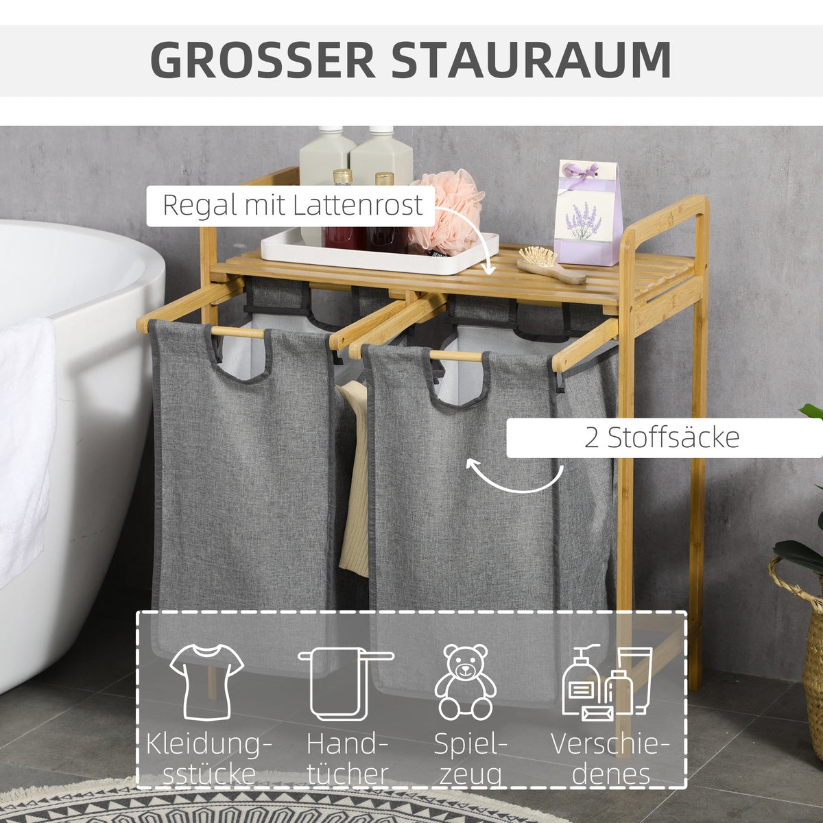 Laundry Basket with Platform, 2 Bags, Bamboo Grey+Natural