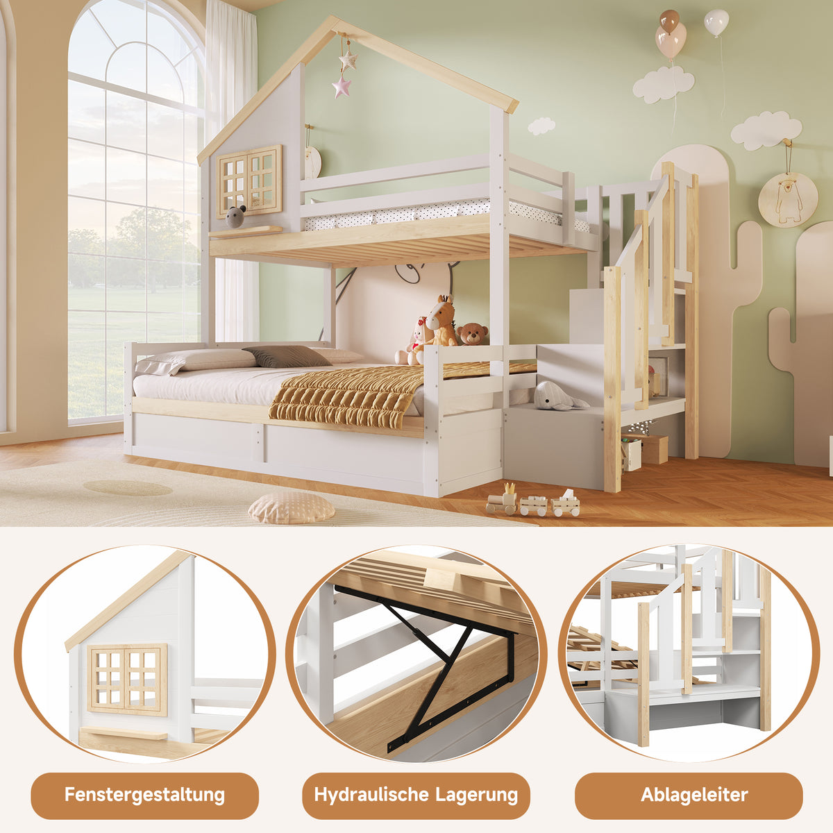 Bunk Bed 90/140x200cm with Storage Ladder & Rail, White + Natural