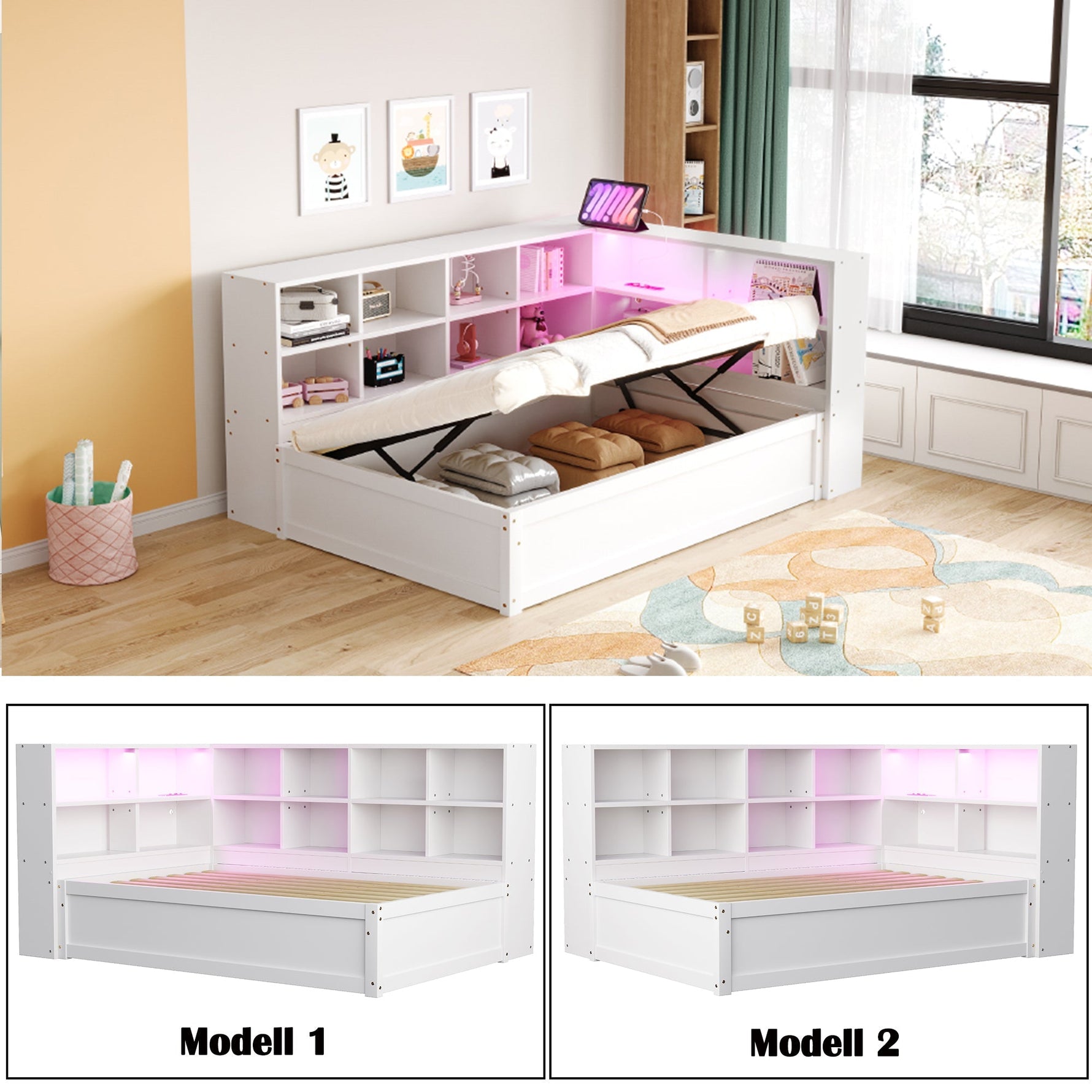 Sofa Bed, 90x200 Multifunctional with Sockets, Storage, Light Bar, Hydraulic, Solid Wood, White