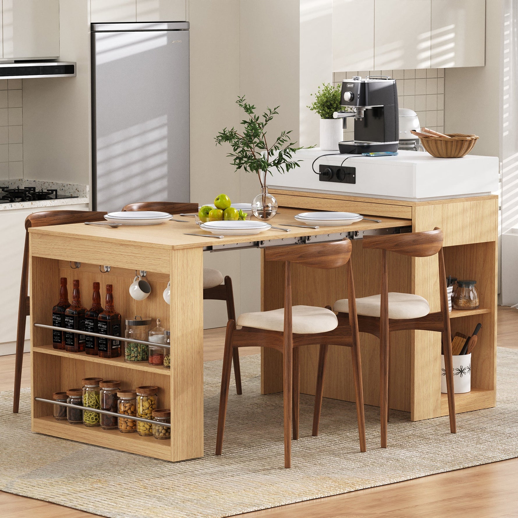 Kitchen Island on Wheels Extendable Dining Table Power Strips & Hooks - Natural