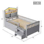 Children's Bed with 4 Drawers, LED Lights, USB and Type-C Charging Ports, 90x200cm, Grey Solid Wood