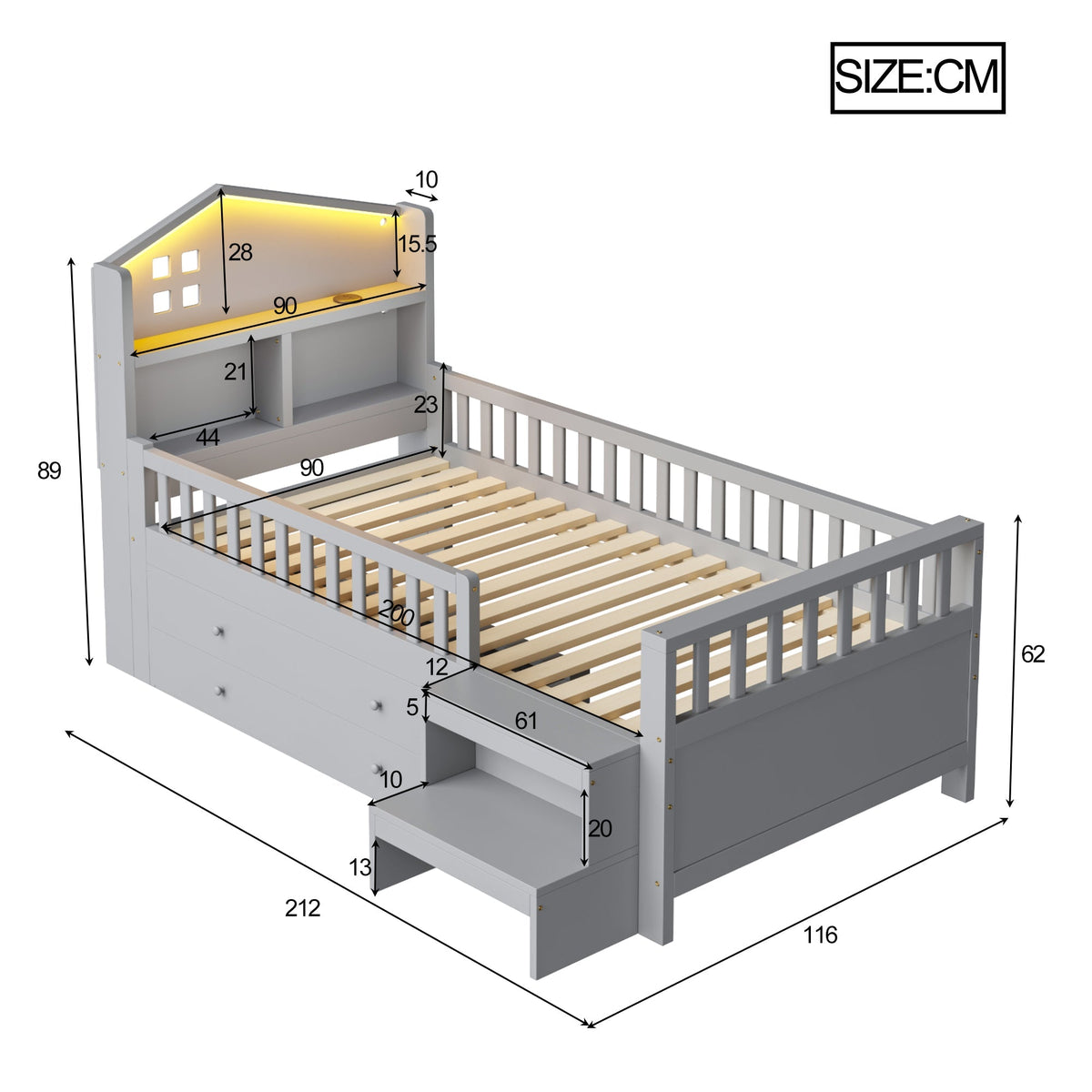 Children's Bed with 4 Drawers, LED Lights, USB and Type-C Charging Ports, 90x200cm, Grey Solid Wood