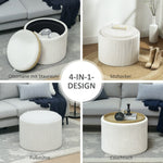 Storage Stool, Round Footstool Upholstered Coffee Table, Cream White