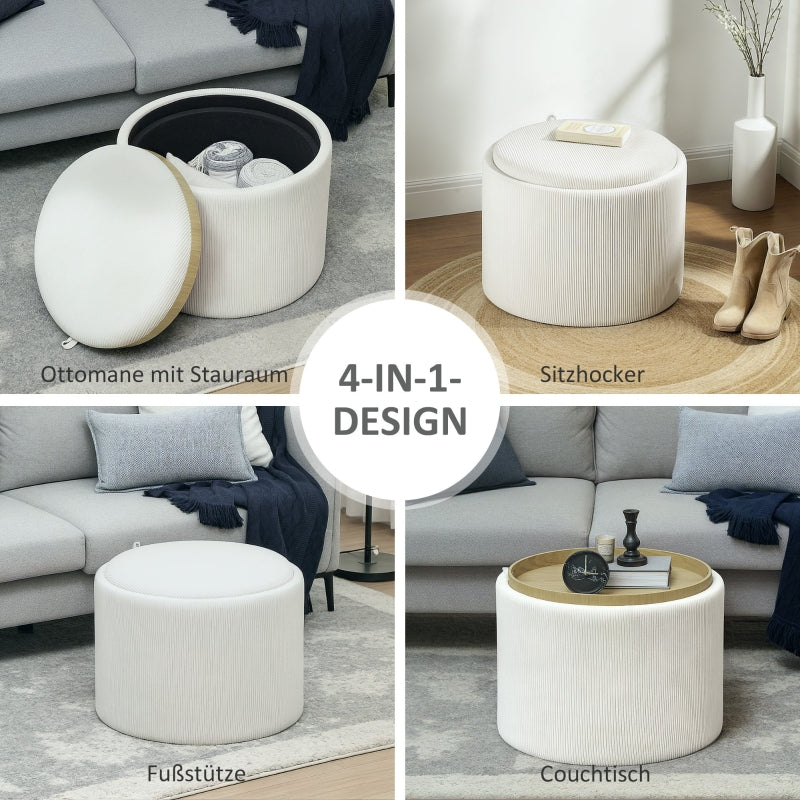 Storage Stool, Round Footstool Upholstered Coffee Table, Cream White