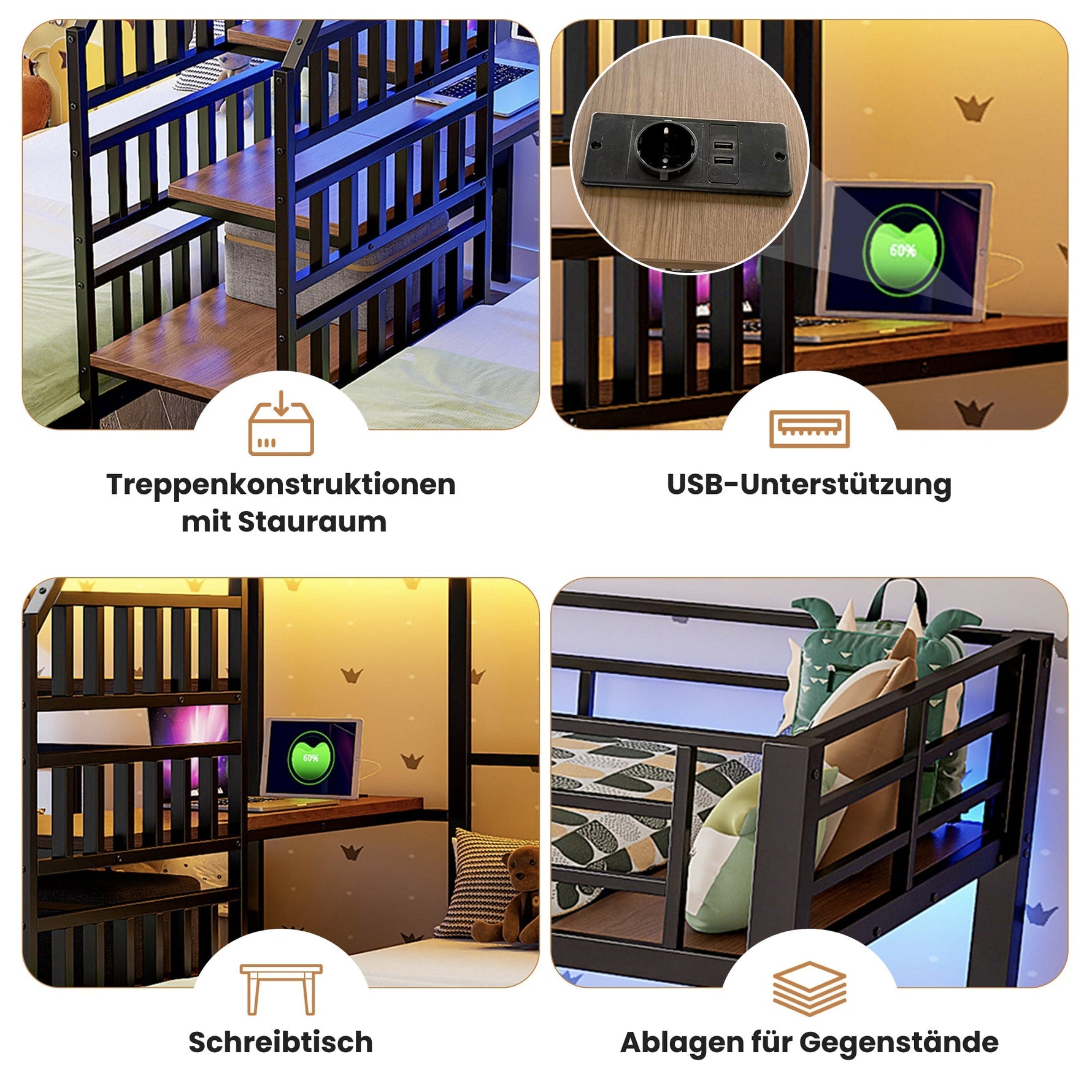 Bunk Bed with 3 Beds, LED Lights, Desk and USB Ports, Black