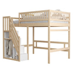 Solid Wood Bed, 140x200 with Storage Stairs & High Railing, Wood Color