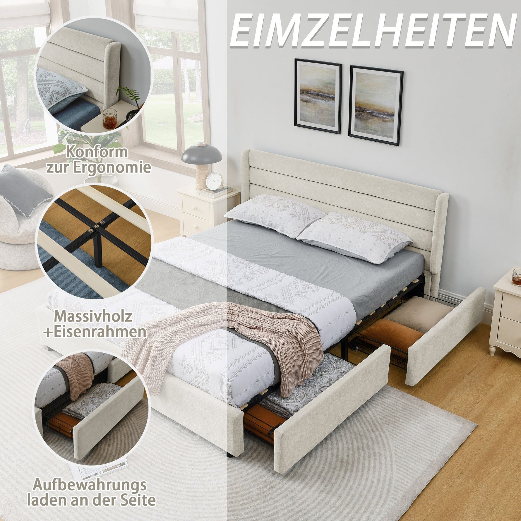 Double Bed 160*200 cm with 4 Storage Drawers, Chenille Beige