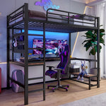 Loft Bed with Desk, Shelves, USB Sockets and LED Strip, Black Iron Frame