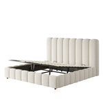 Upholstered Double Bed with Hydraulic Storage and Slatted Frame, 200x200cm, White Bouclé