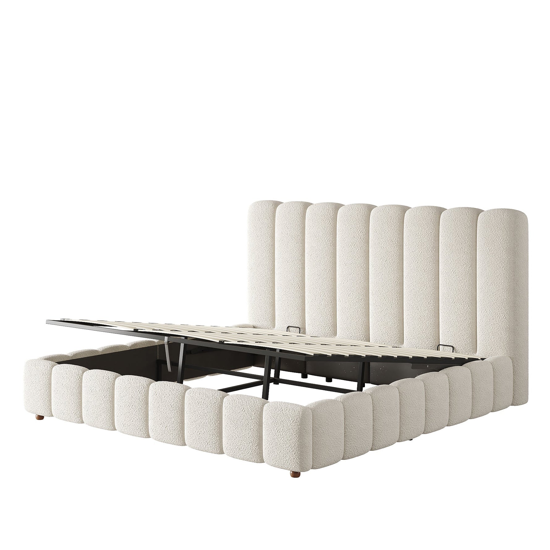 Upholstered Double Bed with Hydraulic Storage and Slatted Frame, 200x200cm, White Bouclé