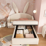 Bunny Ear Kids Bed 90x190cm, Hydraulic Storage, Beige Velvet