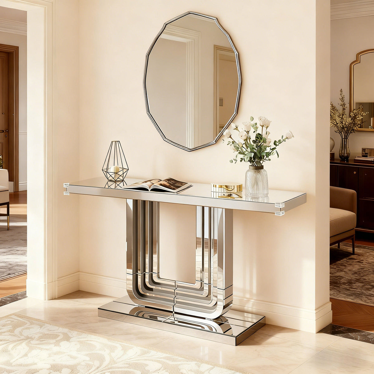 Mirrored Console Table 120cm Modern U-Shape - Silver