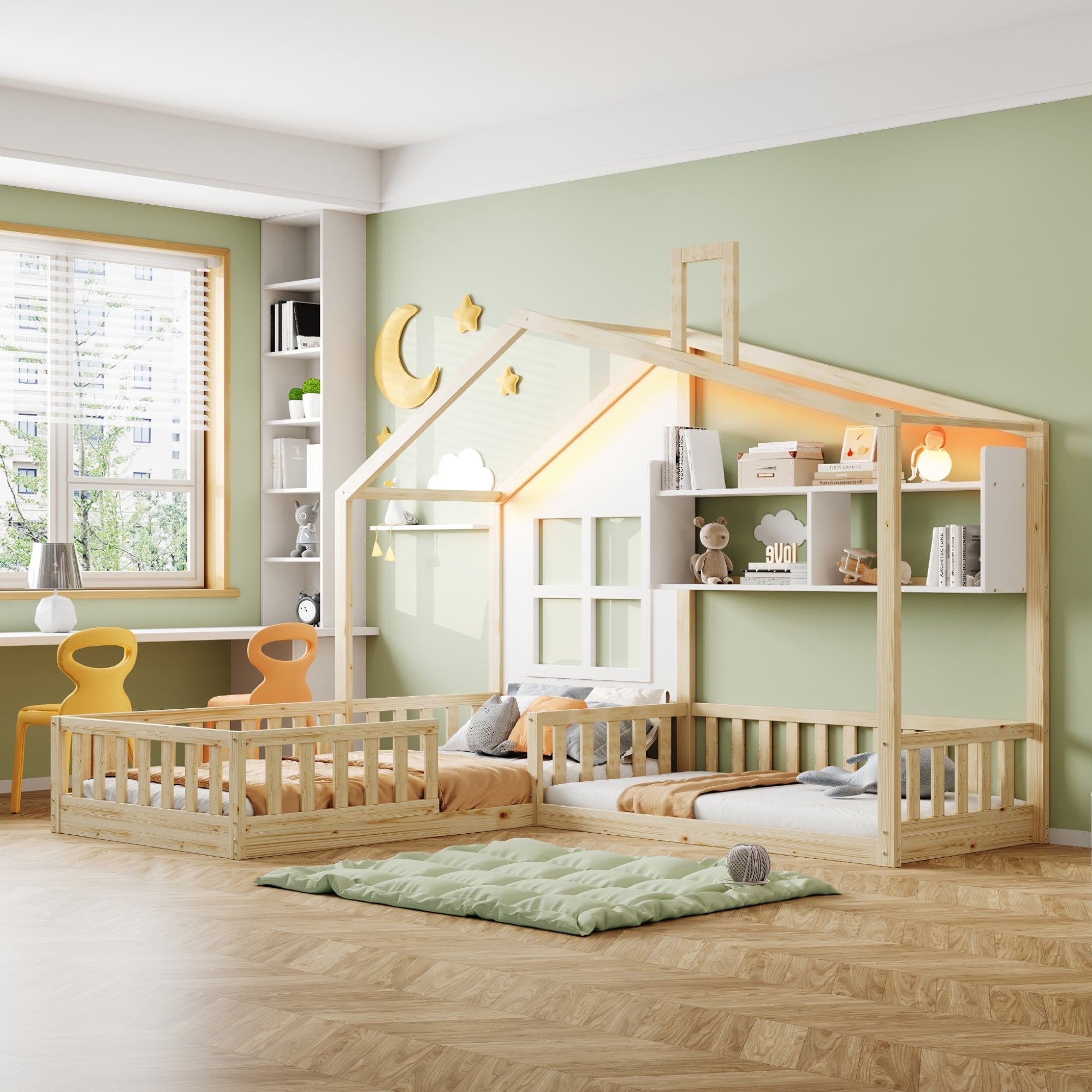 Children's Bed with Window, Shelves and LED Light Strip, Wood Color