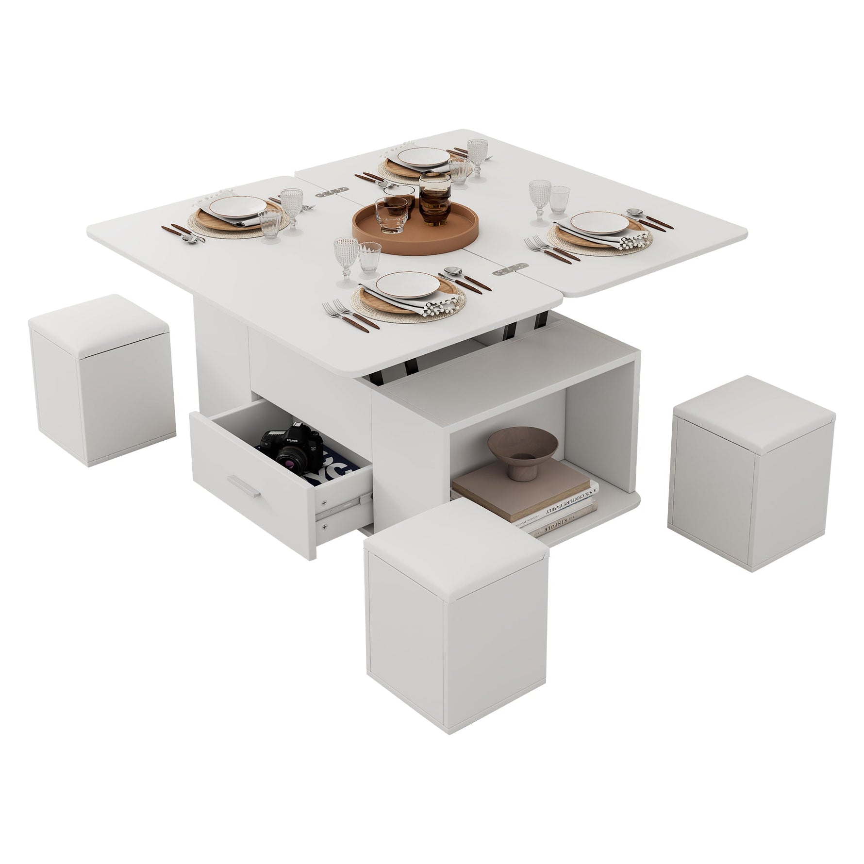 Coffee Table, Height-Adjustable 4-in-1 Multifunctional with Drawers and 4 Stools, White