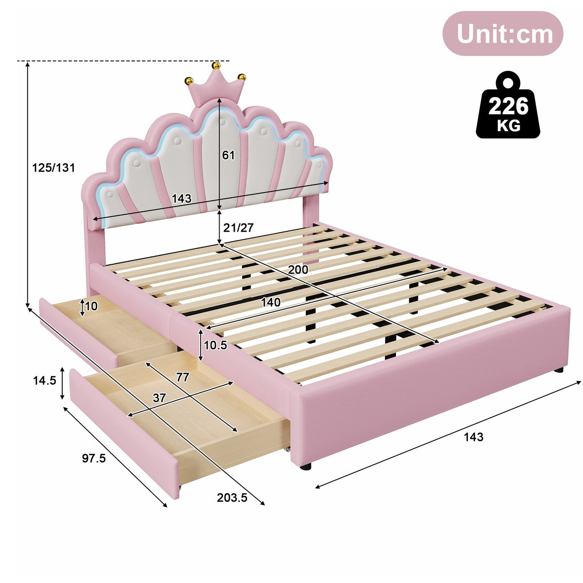 Princess Upholstered Bed 140x200cm Crown Shape LED 2 Drawers - PU Pink