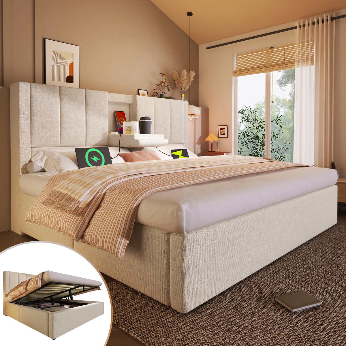 Upholstered Double Bed 180x200cm Hydraulic Storage, Linen Beige