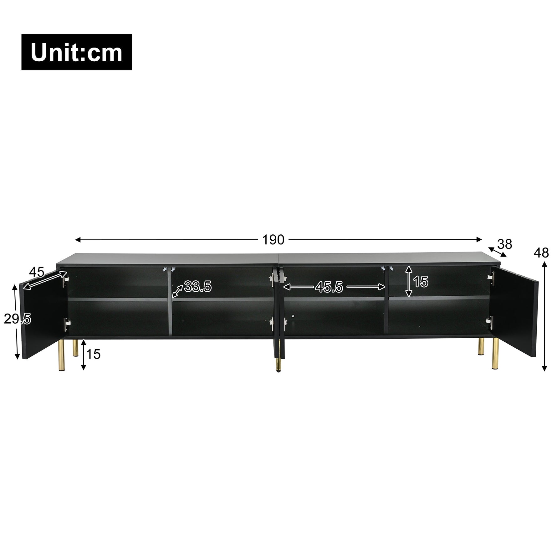 TV Cabinet 190cm Gold Table Legs - Black