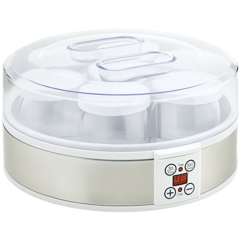 Yogurt Maker Machine, 7 Glass Jars, Stainless Steel, Silver and White