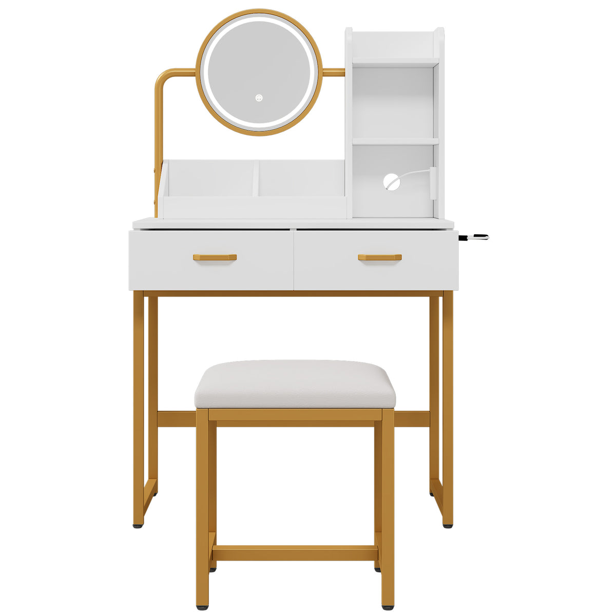Modern Dressing Table with LED Mirror, Stool & Power Outlets, White