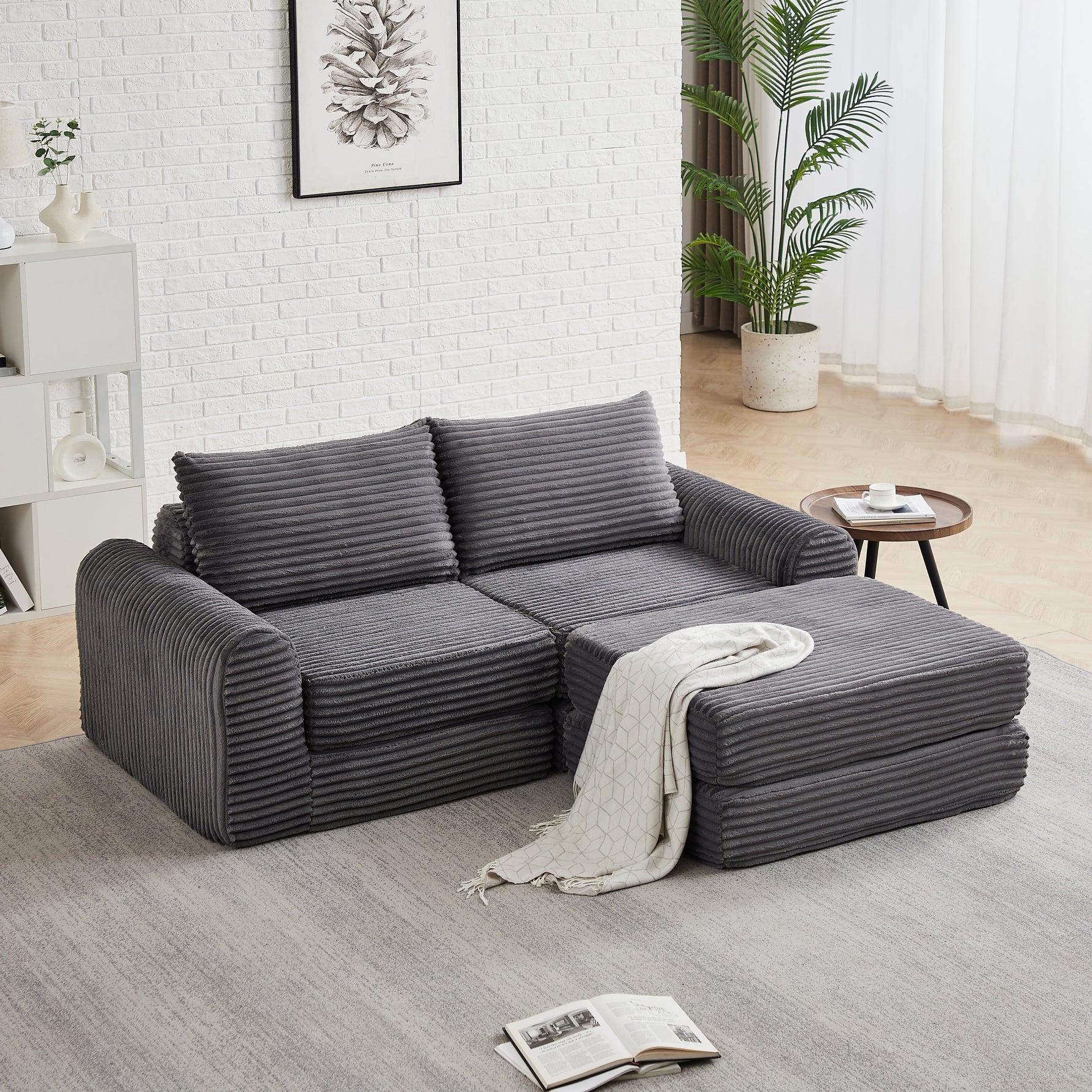 Corduroy 2-in-1 Sofa Bed with Two Pillows and Removable Footstool, Corduroy