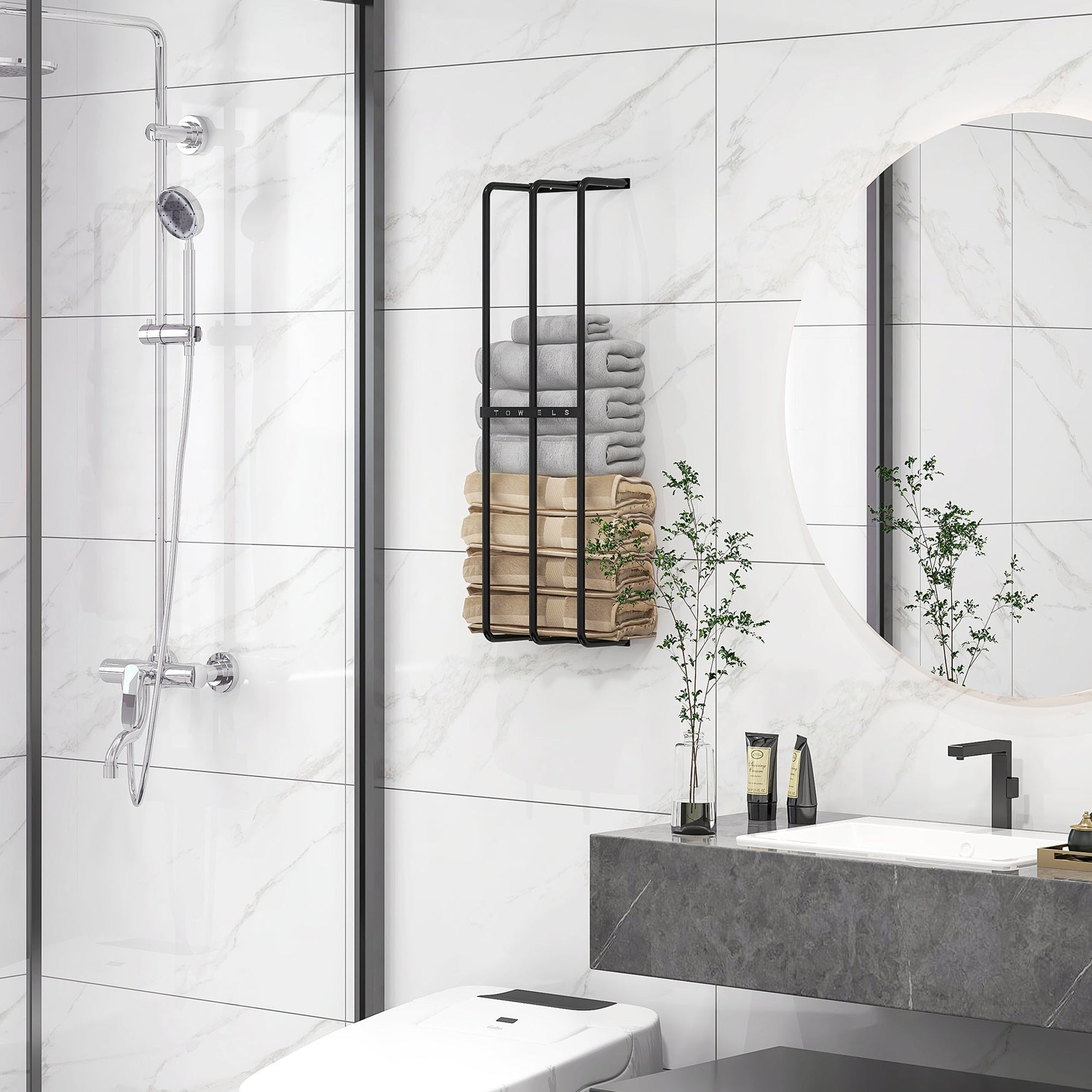 Towel Rail Wall Mounted, 6 Large Towel Holder, Metal