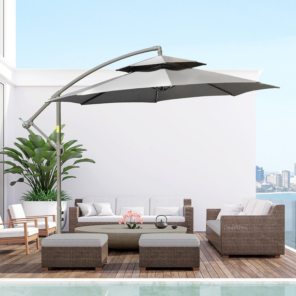 Parasol Cantilever, Double Roof Cross Base, Light Grey Polyester
