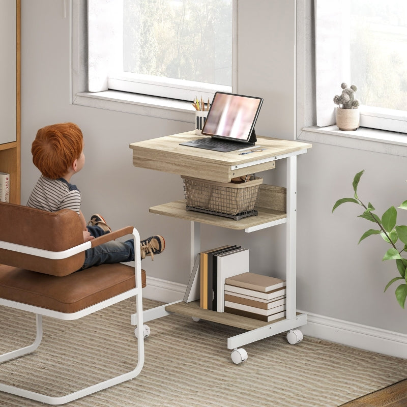 Rolling Desk with Drawer, Shelves, 4 Wheels, Chipboard & Metal