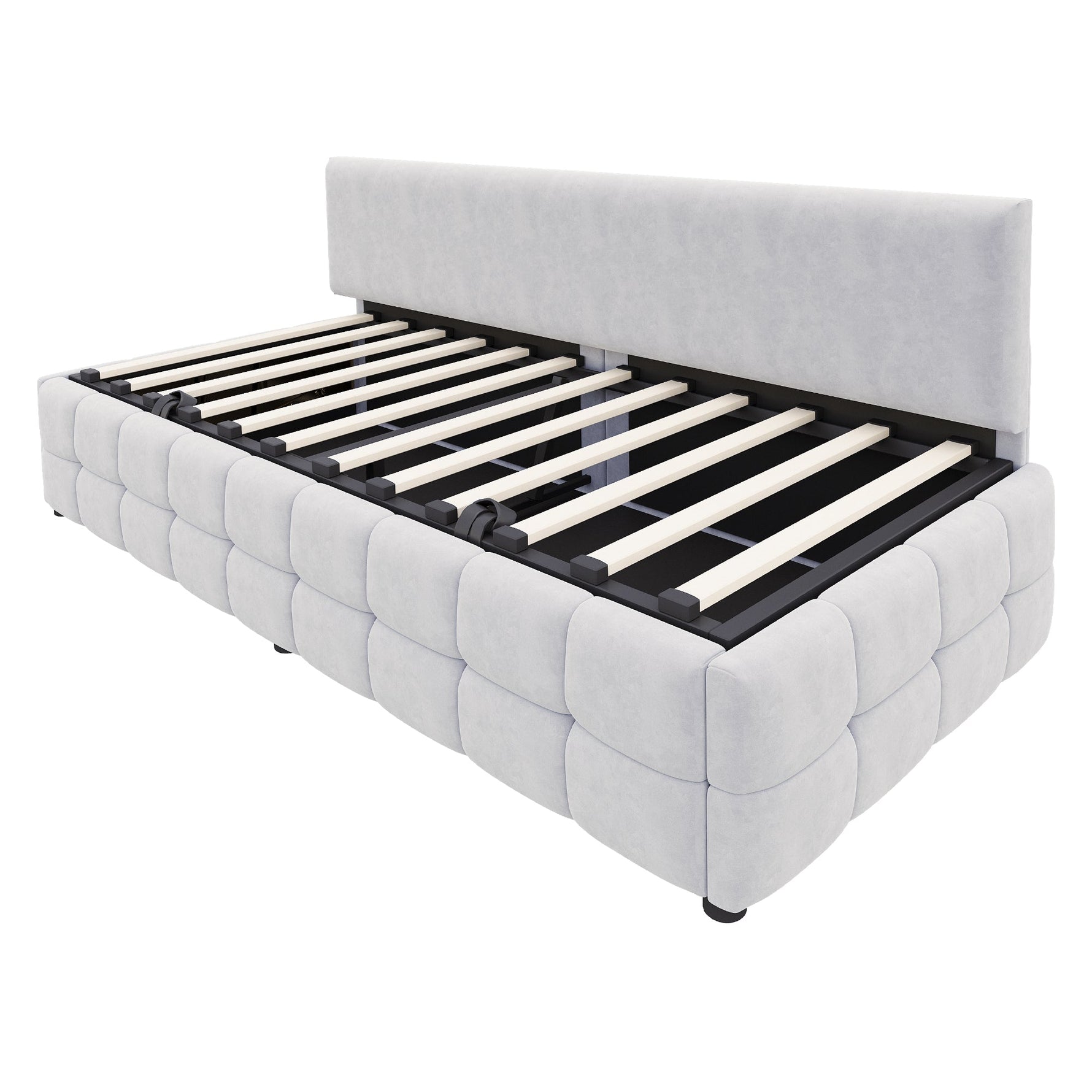 Upholstered Sofa Bed 90x200cm Hydraulic Storage Classic Check Pattern Light Grey Velvet