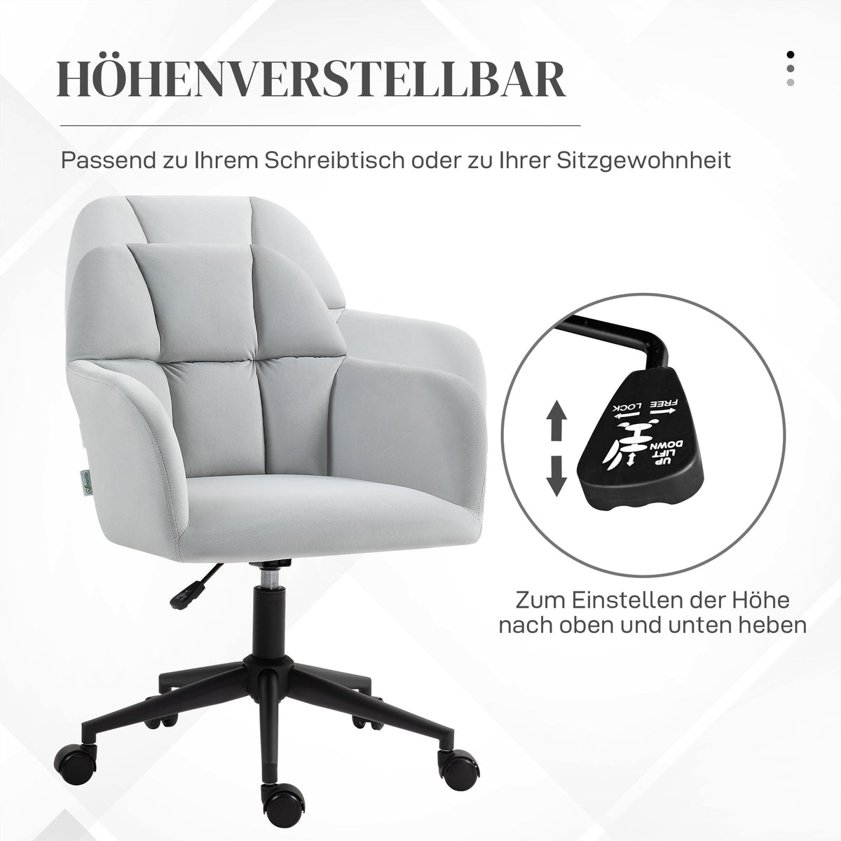 Swivel Chair, Height Adjustable Modern, Armrest, 120 kg, Light Grey Velvet