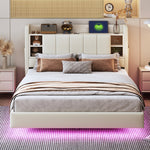 Upholstered Bed 140 x 200 cm, USB, Light Strip, Reversible Headboard, Storage, Metal Frame, Linen Fabric, Beige