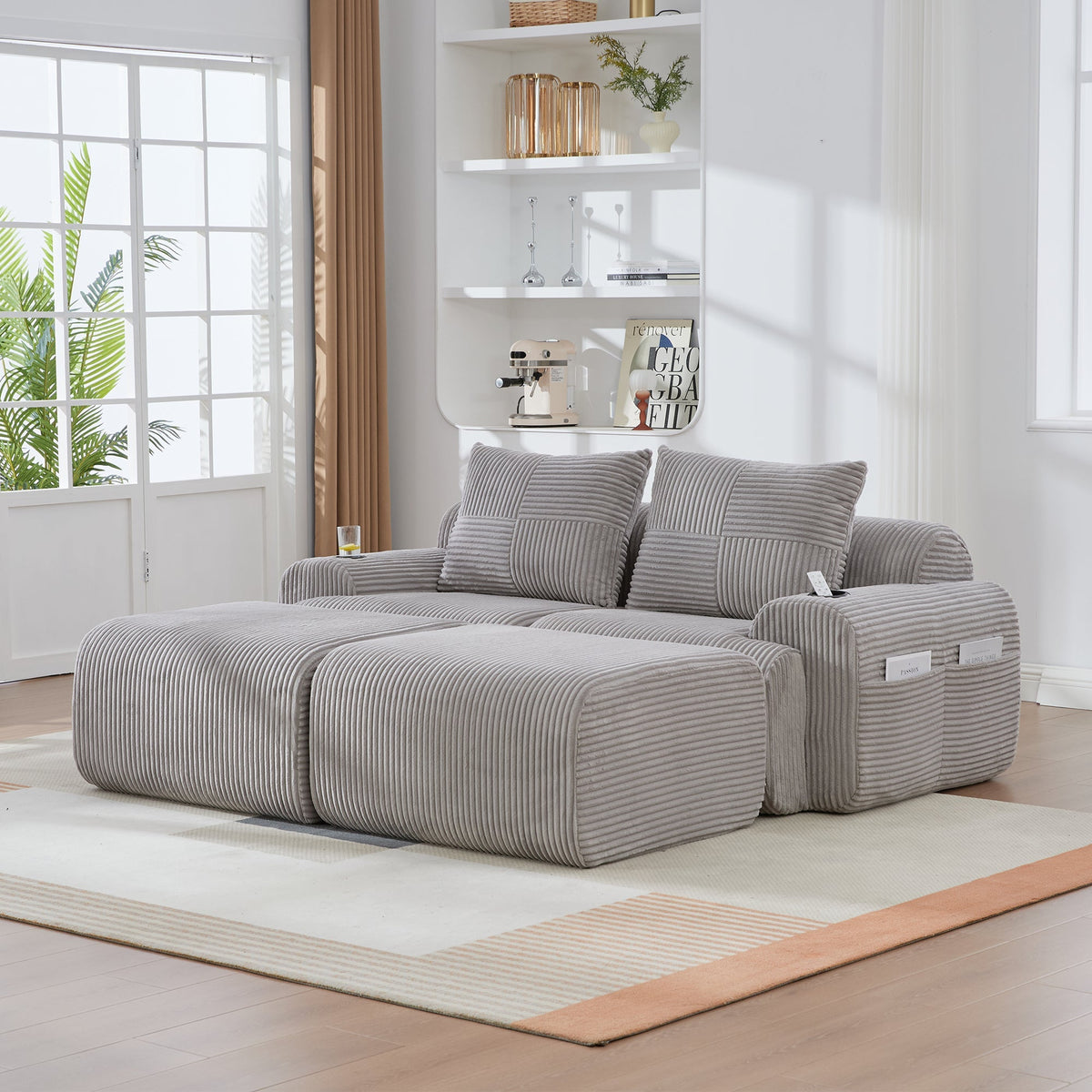 Upholstered Bed 180x200cm Double Hydraulic Storage Cup Holder Charging Station Linen Grey
