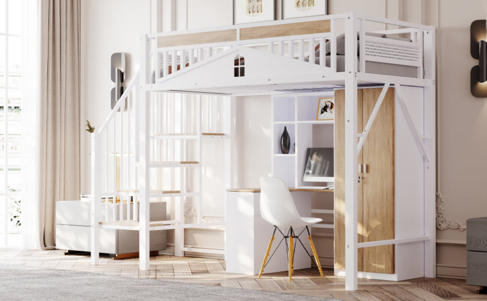 Metal Loft Bed, 90x200cm, Safety Rail with Window & Ladder, White