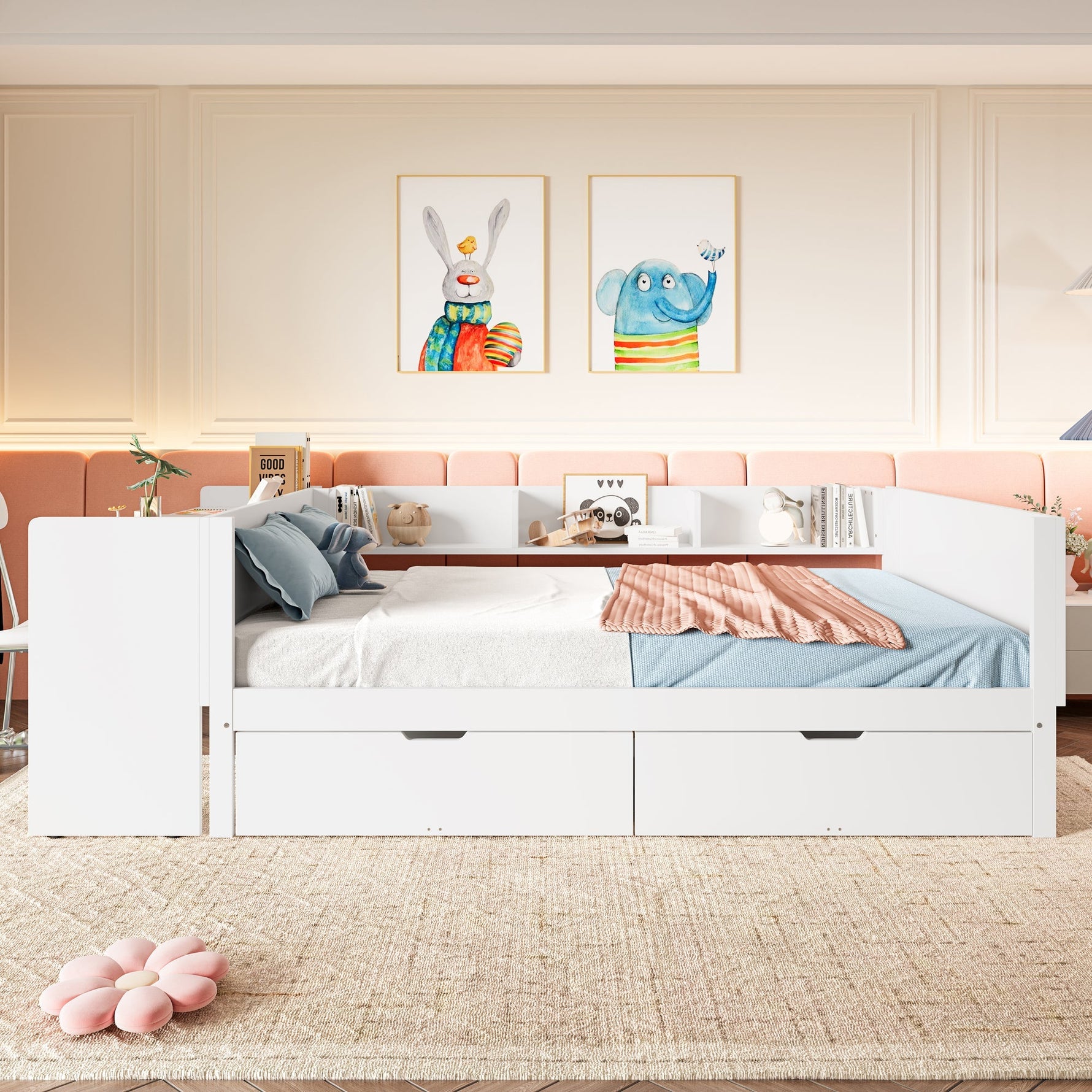 Wooden Bed with Desk and Storage Drawers, 140x200cm, Pine and White
