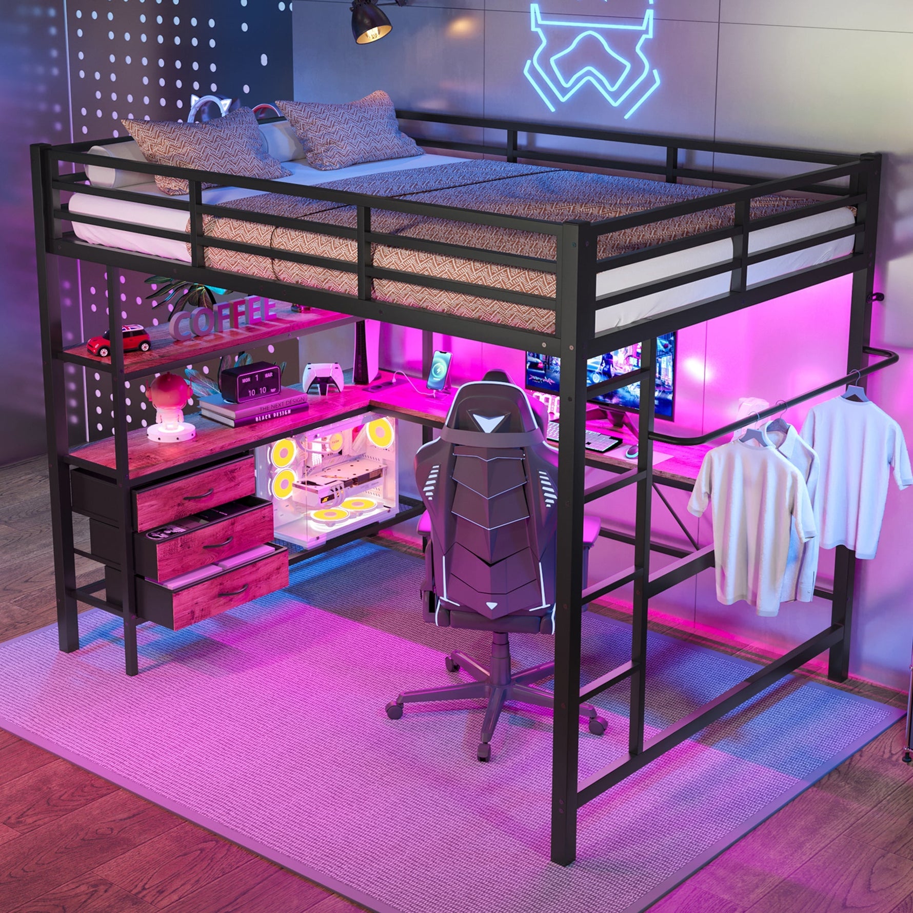 Loft Bed 140x200cm with LED Desk USB Port 3 Drawers Stairs - Black