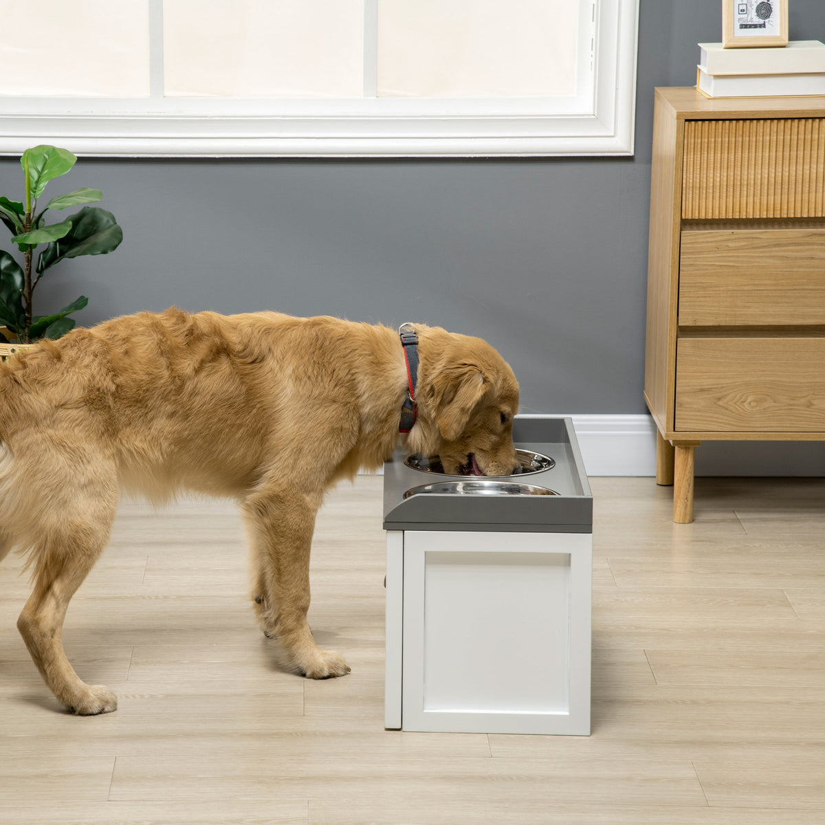 Dog Bowl with Drawer 2x2L Raised Stainless Steel Feeding Station, White