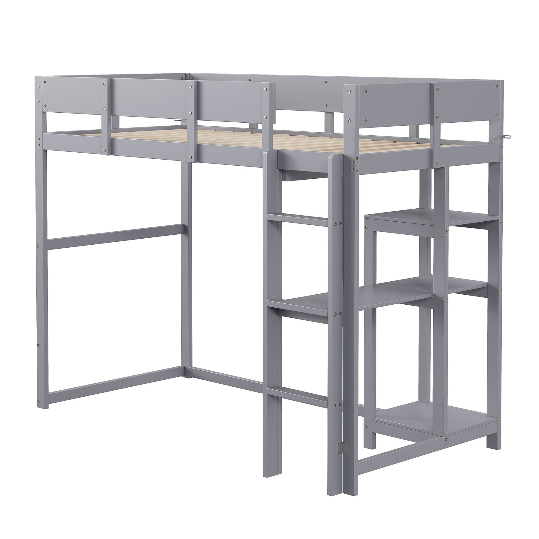 Loft Bed with Storage and Slatted Base, 90x200cm, Grey Pine Wood