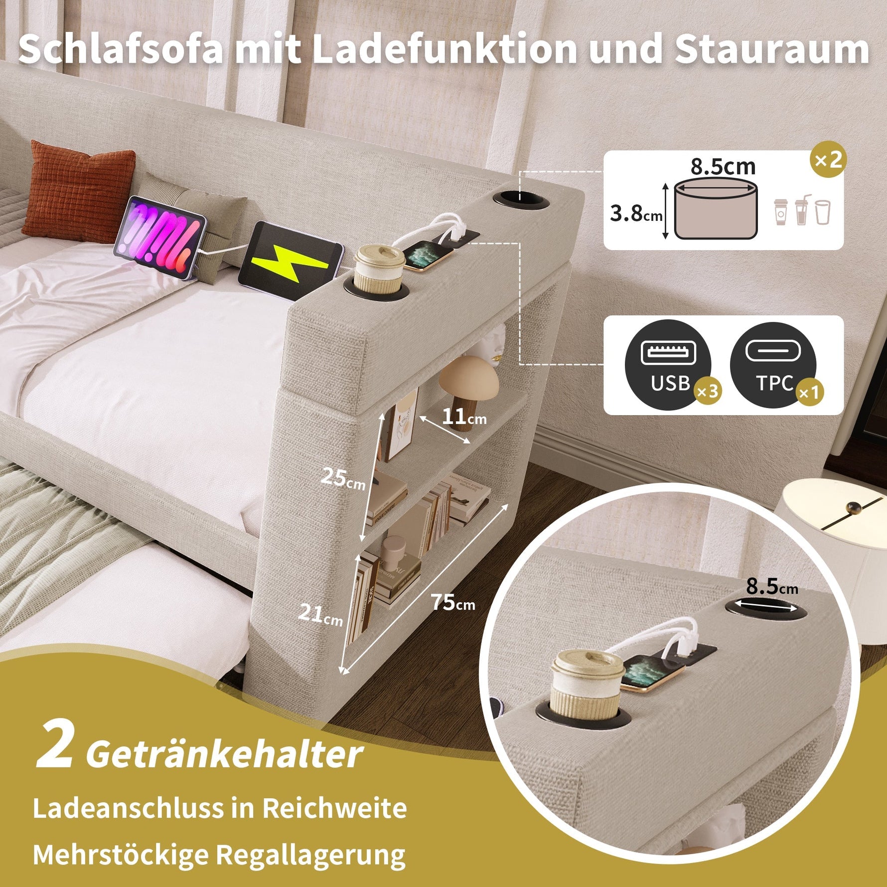 Upholstered Daybed Sofa Bed 90x200cm Pull-out USB/Type-C Armrests Linen Beige