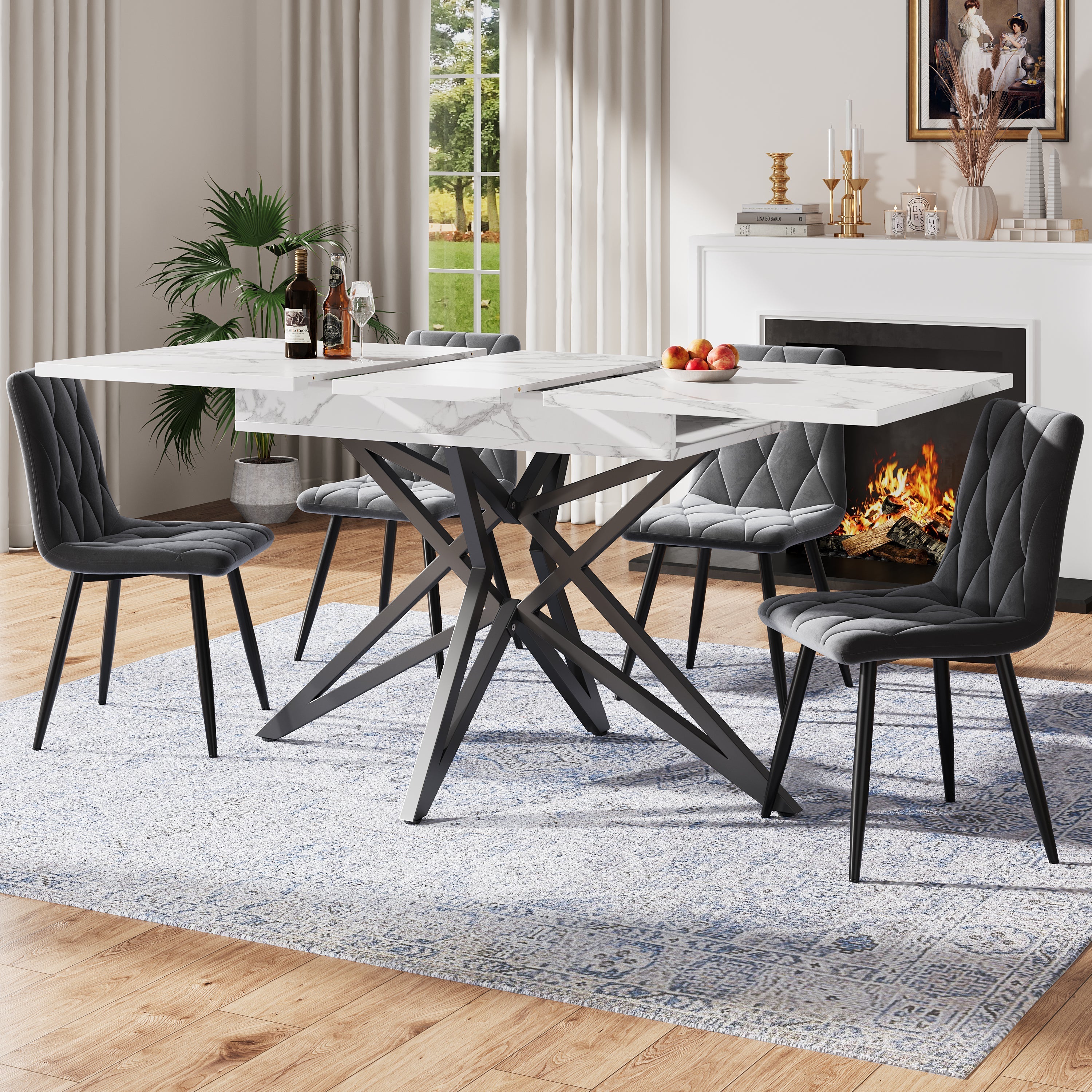 Dining Table Set Extendable 120/160cm 4 Chairs Diagonal Velvet - Dark Grey